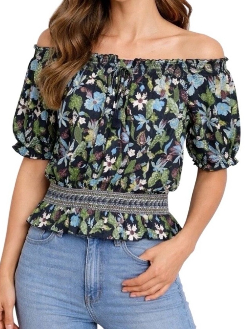 Tory Burch Floral Smocked Off Shoulder Cottage Blouse Cactus Print Navy Size 10